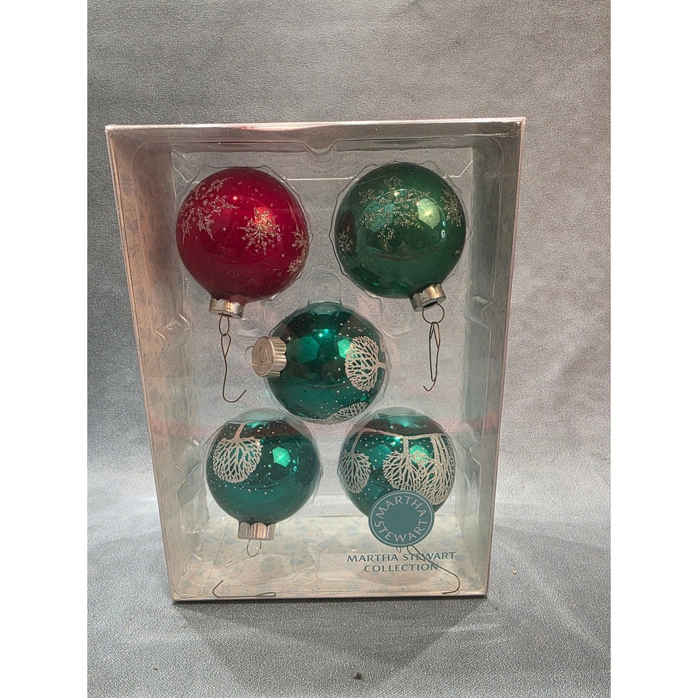 Martha Stewart Collection 5pc Glass Christmas Ornaments Teal Red 67mm MUTB886842